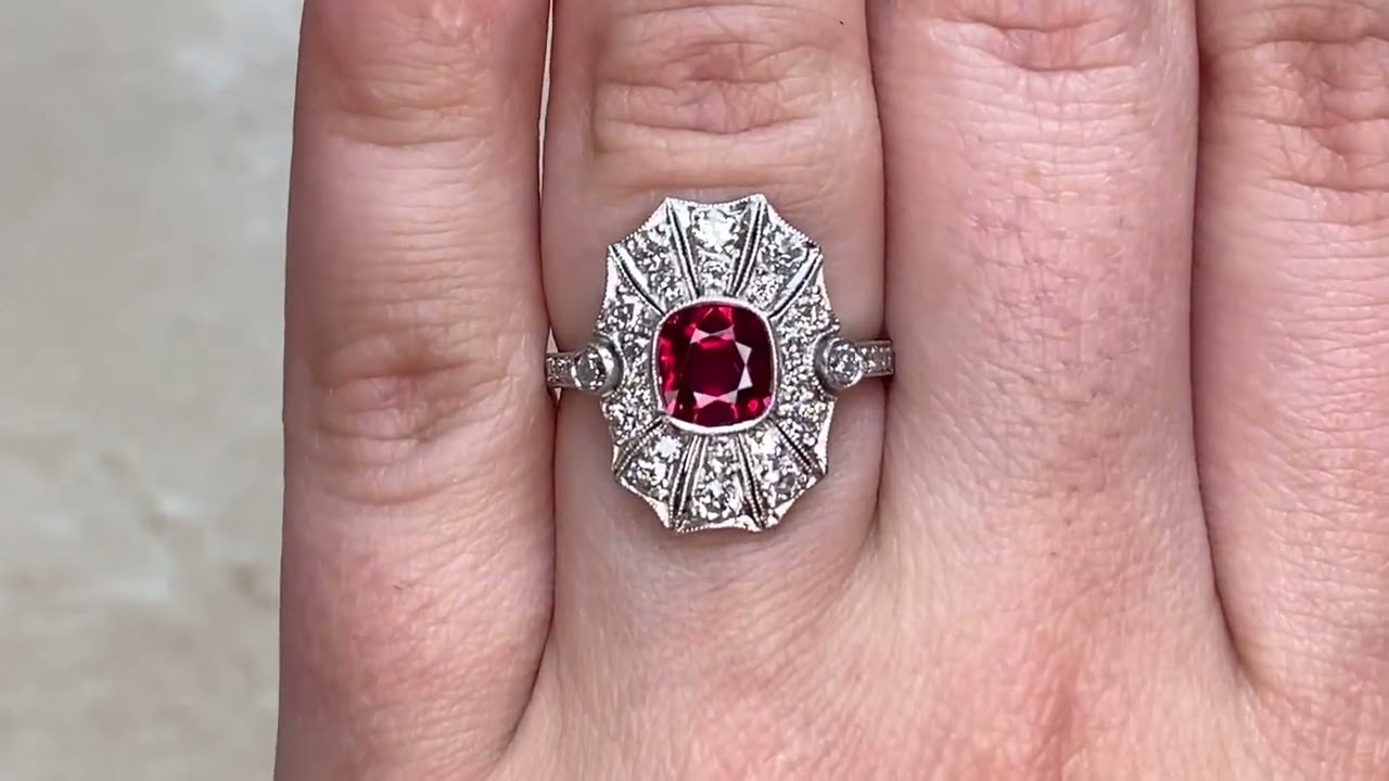0.97ct Cushion Cut Burma Ruby and Diamond Halo Ring - Chartreuse Ring - Hand Video