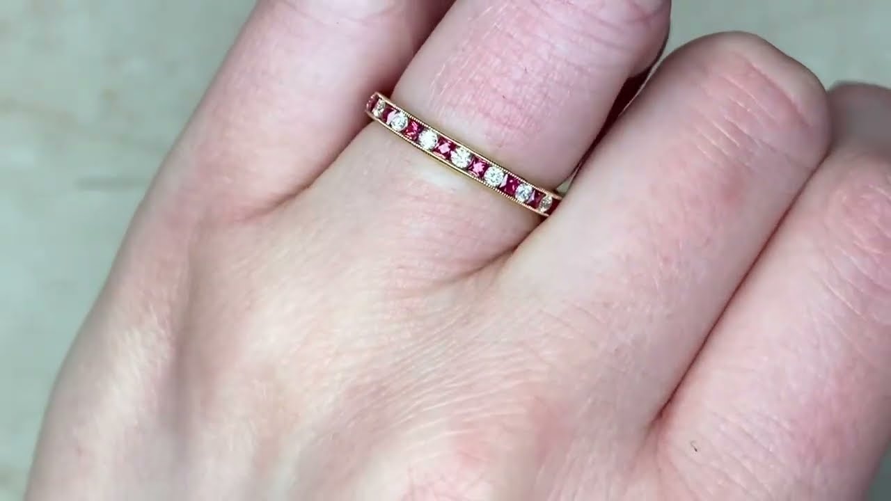 Alternating Diamond & Ruby 18k Yellow Gold Half Eternity Band - Milburne Band - Hand Video