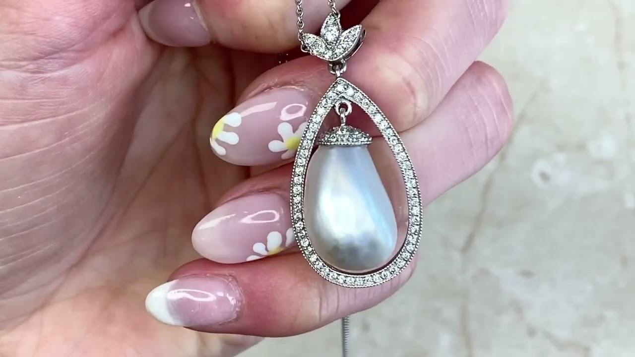 13.52ct Pearl Drop with Old European Cut Diamond Platinum Necklace - Iberia Necklace - Hand Video
