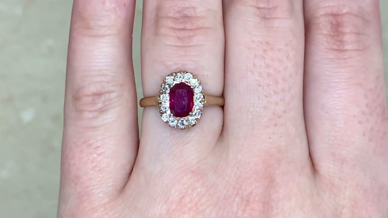 Antique Victorian 0.65ct Cushion Cut Ruby and Diamond Halo Ring - Willow Ring - Hand Video