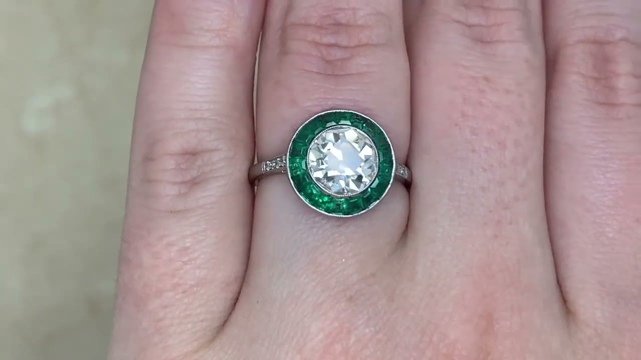 2.00ct Diamond and Emerald Halo Woodmere Ring - hand video -
