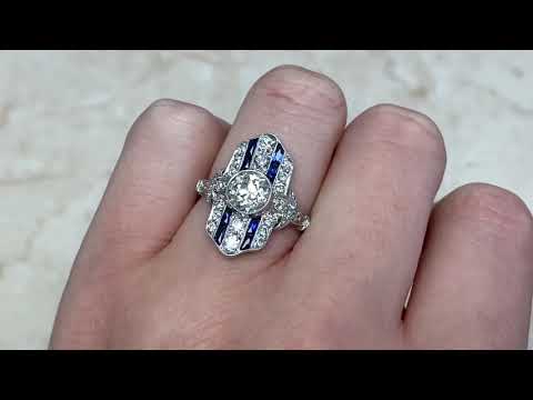 1.11ct Center Old European Cut Diamond and Sapphire Elongated Ring - Elvas Ring - Hand Video