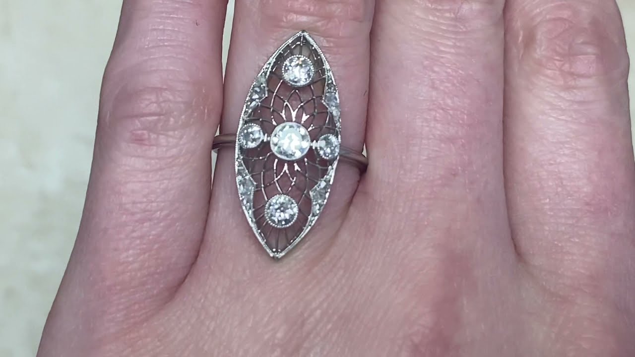 Edwardian Era Old European Cut Diamond Navette Platinum Ring - Lindenhurst Ring - Hand Video