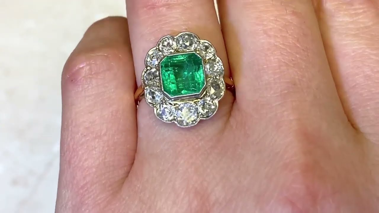 1.90ct Emerald & Floral Motif Diamond Halo Gemstone Ring - Brentford Ring. Circa 1905 - Hand Video