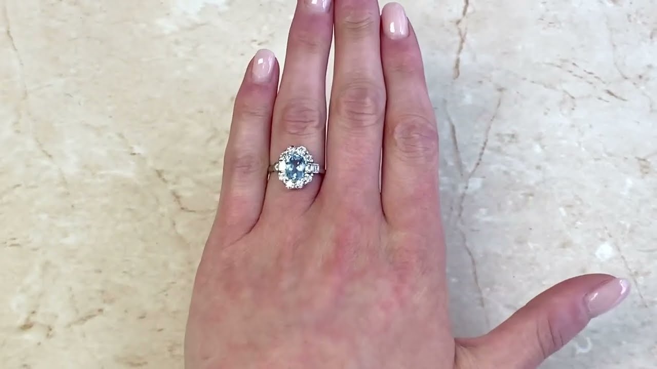 Natural Aquamarine & Floral Diamond Halo Hand Crafted Ring - Plymouth Ring - Hand Video