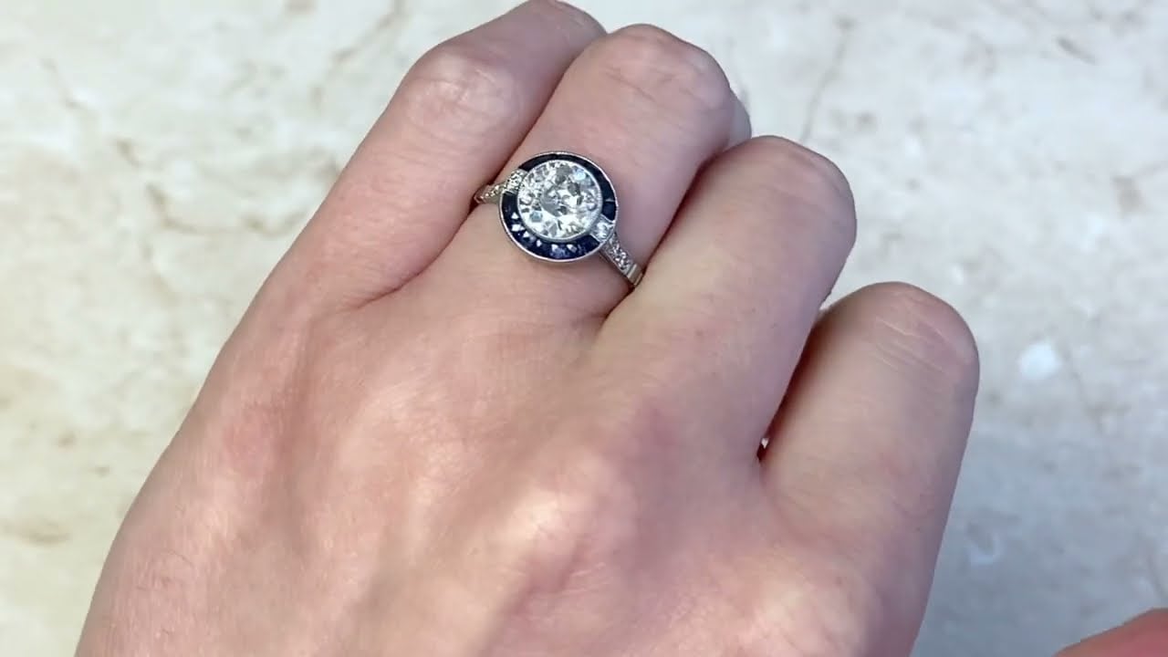 Old European Cut Diamond & Natural Sapphire Halo Engagement Ring - Brookville Ring - Hand Video