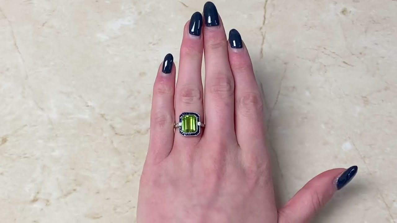 Emerald Cut Peridot and Sapphire Halo Ring - Chaseley Ring - Hand Video