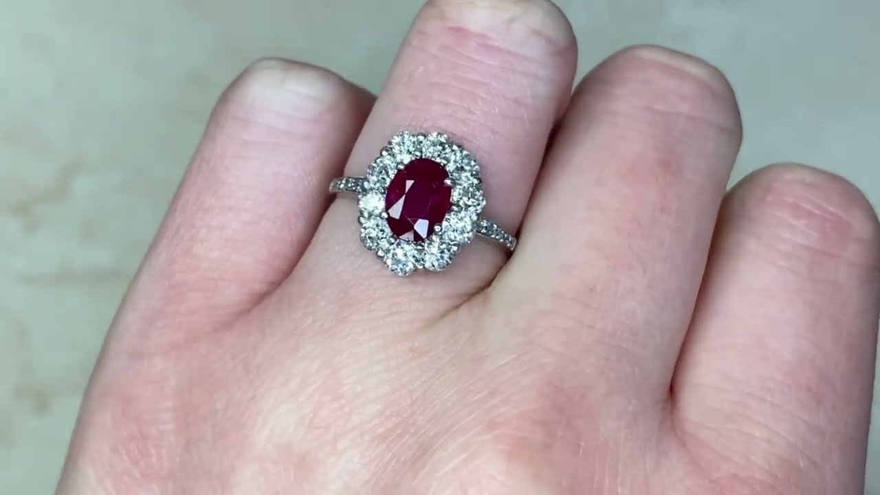 Floral Motif Oval Cut 1.05ct Ruby & Diamond Cluster Halo Ring - Arbor Ring - Hand Video