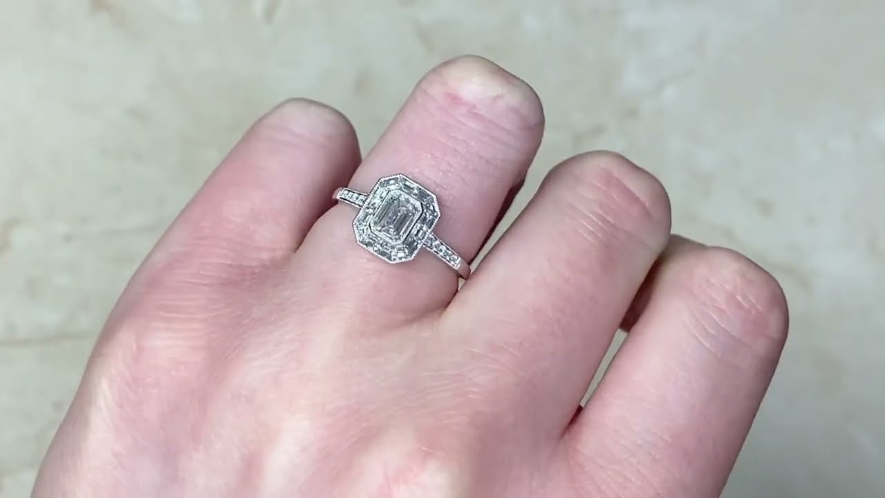 Emerald Cut Diamond & Geometric Halo Engagement Ring - Eastgate Ring - Hand Video
