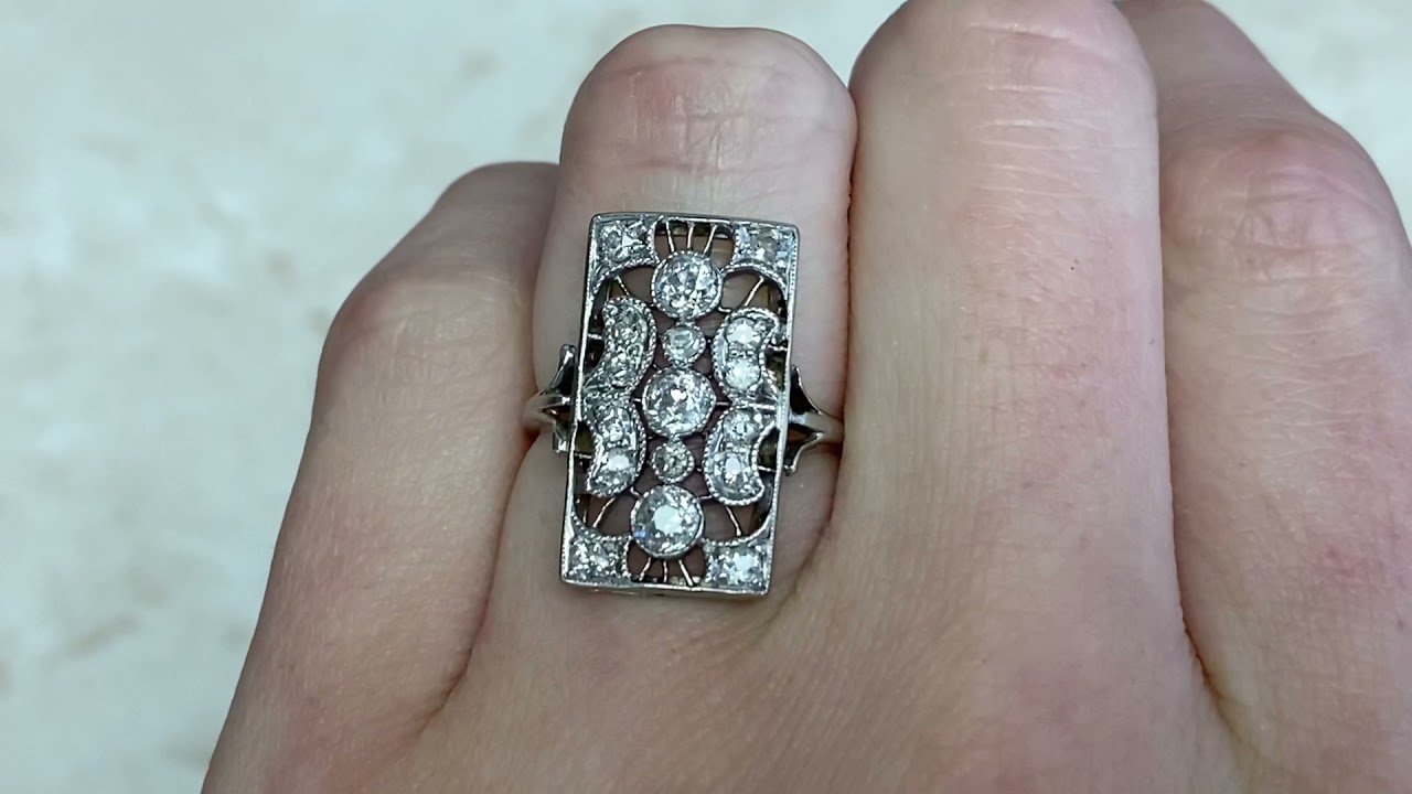 Edwardian Era Elongated Plague Motif Old European Cut Diamond Ring - Torrance Ring - Hand Video