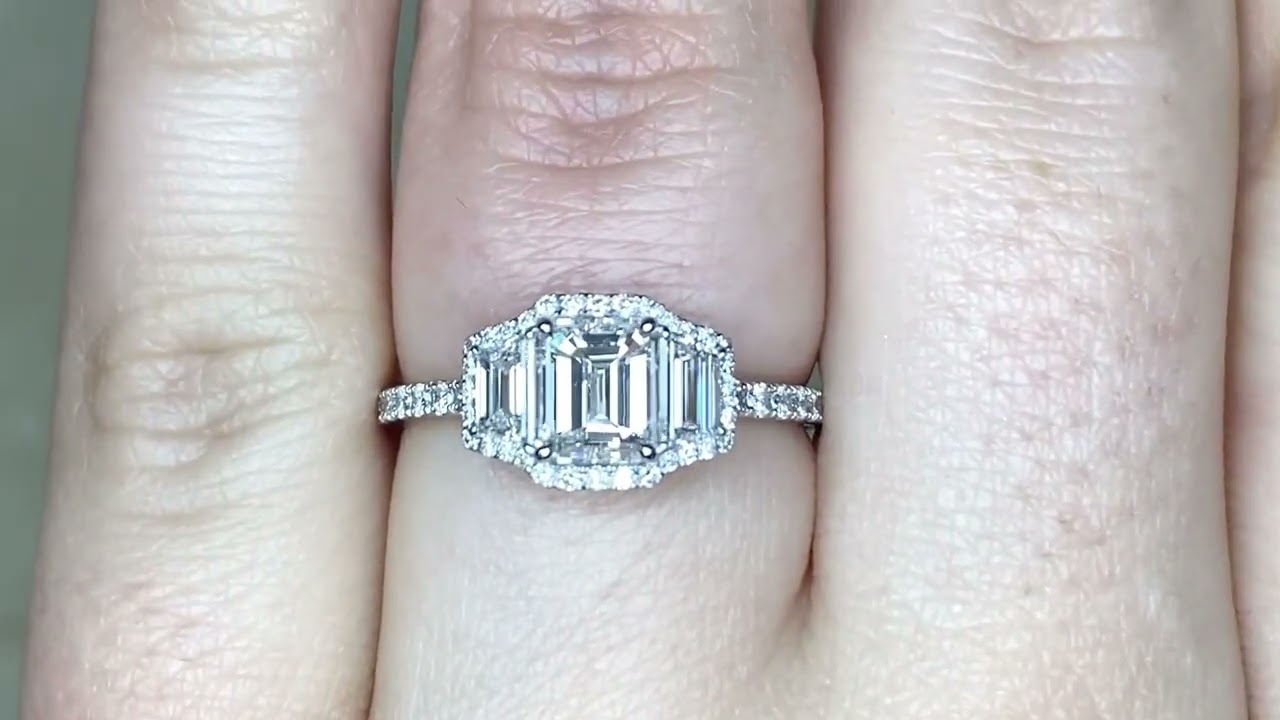 1.02ct Center Emerald Cut Diamond Three Stone Micro Pave Engagement Ring - Redmond Ring - Hand Video