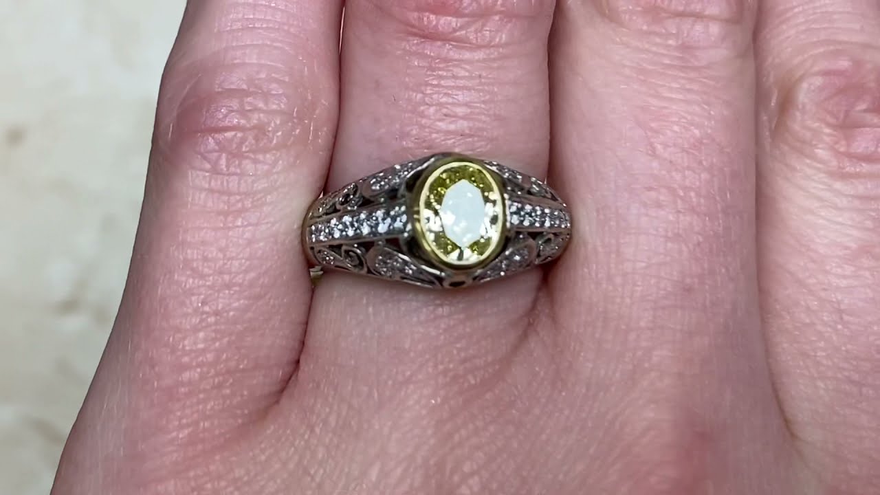 1.54ct Center GIA Certified Oval Cut Fancy Intense Yellow Diamond Ring - Florham Ring - Hand Video