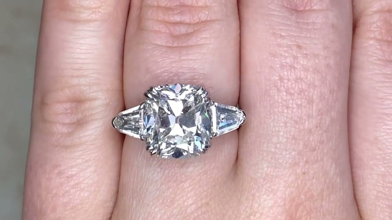 5.01ct Center Antique Cushion Cut Diamond and Bullet Cut Engagement Ring - York Ring - Hand Video