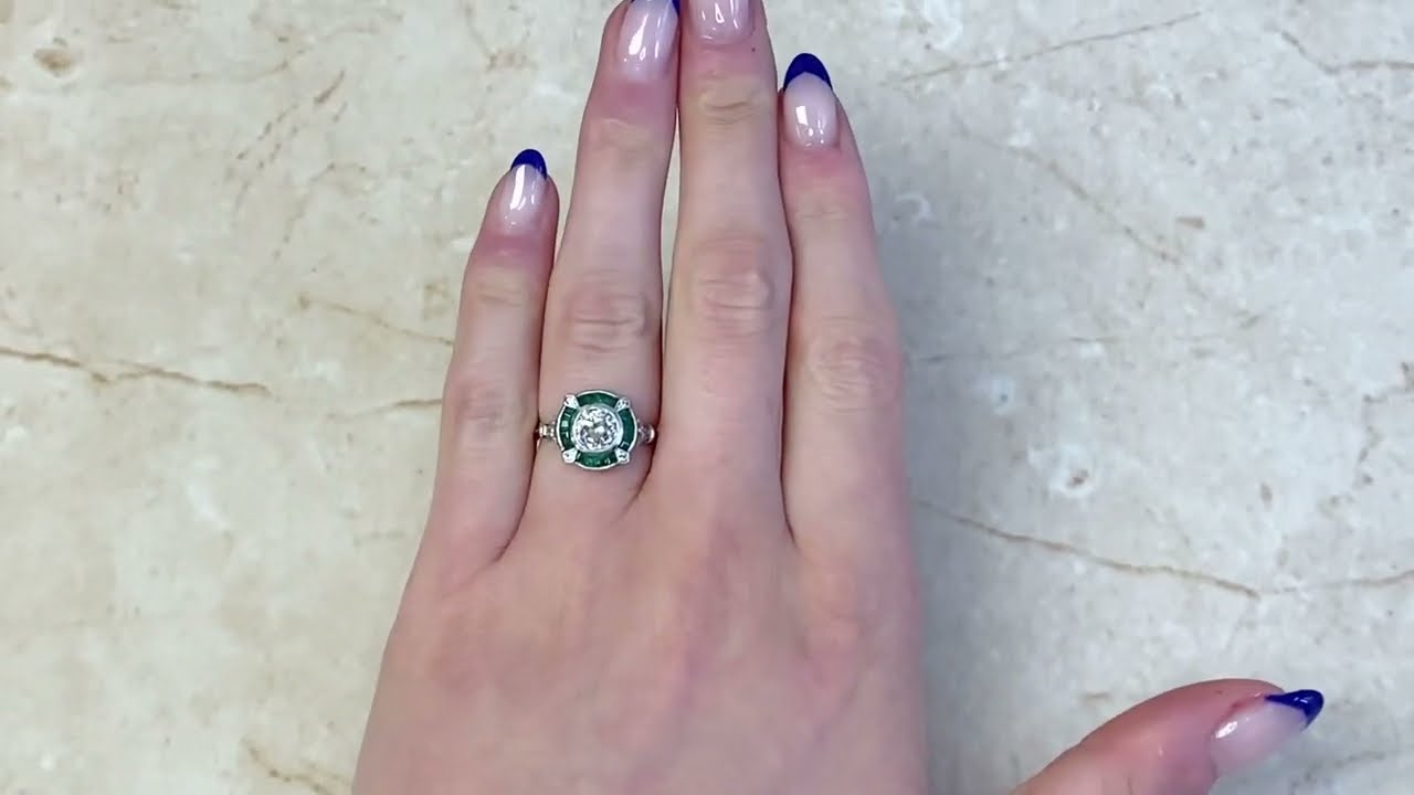 Vintage Diamond & Natural Emerald Halo Engagement Ring - Albury Ring - Hand Video