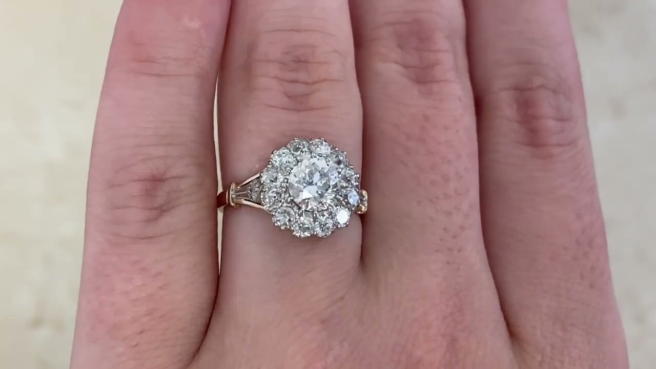 0.96ct Old European Cut Diamond Cluster Yorkshire Ring - hand video