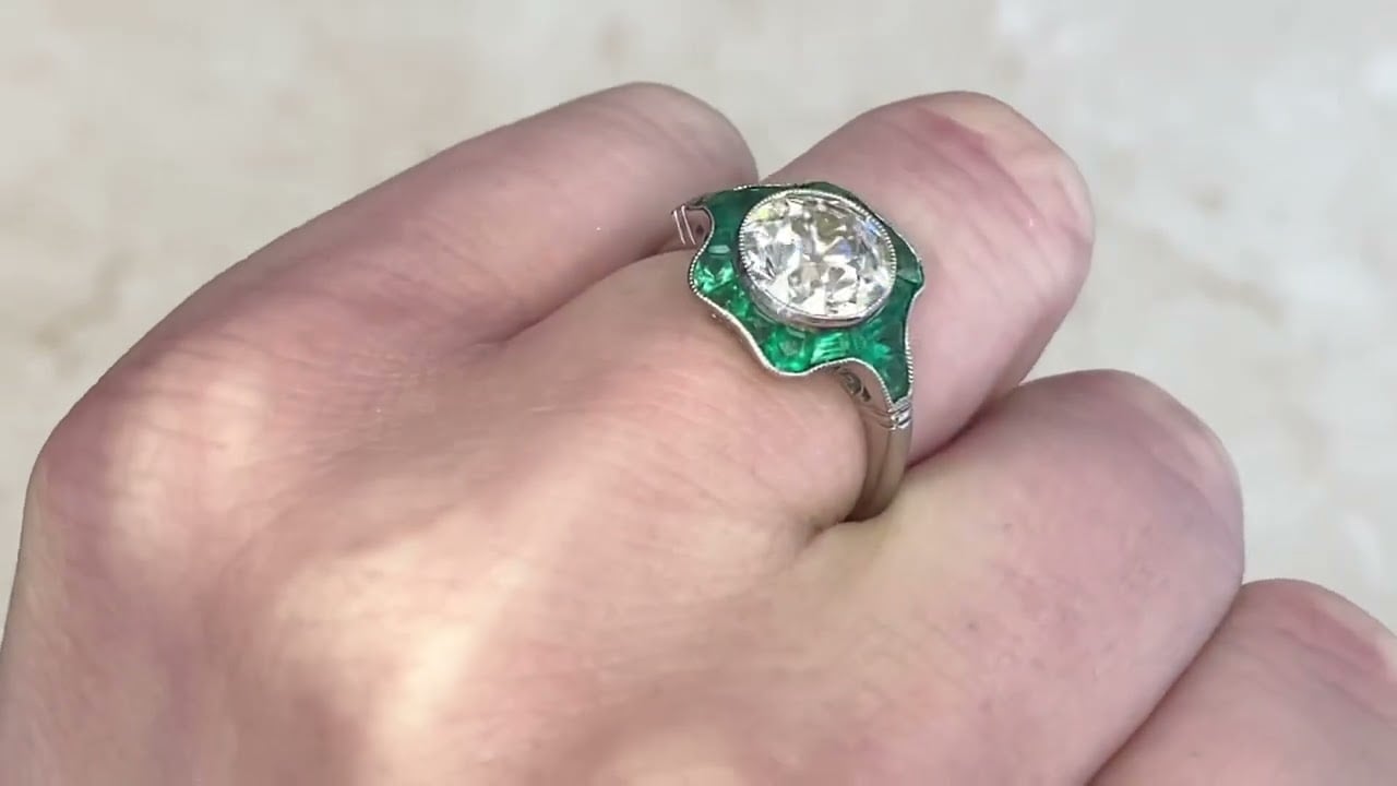 2.06ct Old European Cut and Emerald Halo Diamond Engagement Ring - Calca Ring - Hand Video