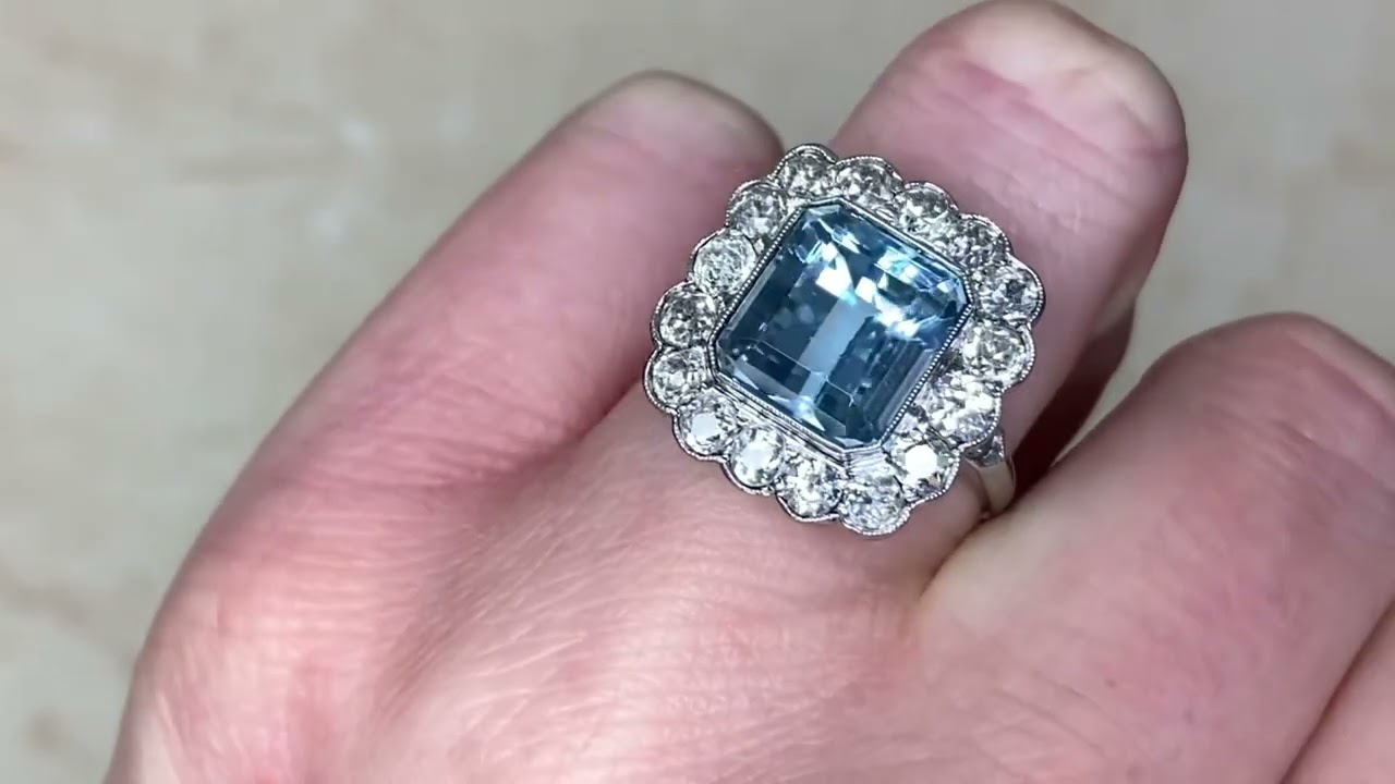 Emerald Cut Aquamarine And Diamond Geometric Halo Gemstone Ring - Forsyth Ring - Hand Video