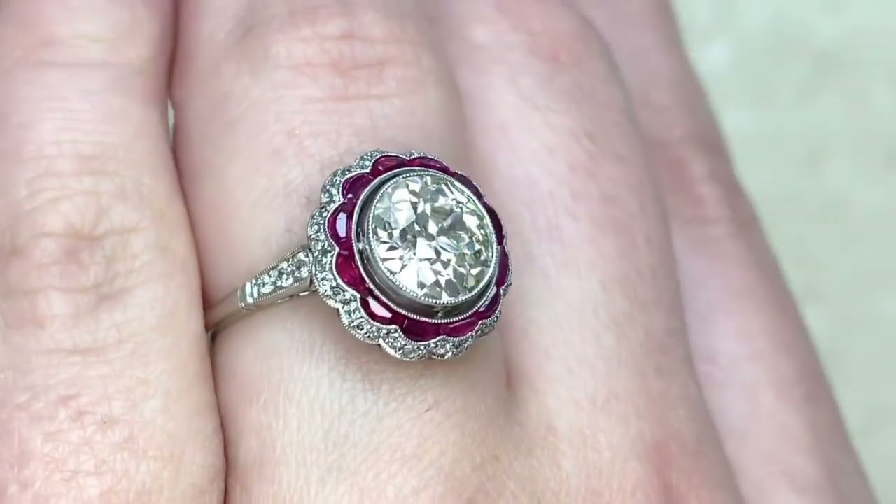 1.75ct Old European Cut Diamond and Ruby Double Halo Engagement Ring - Barkley Ring - Hand Video