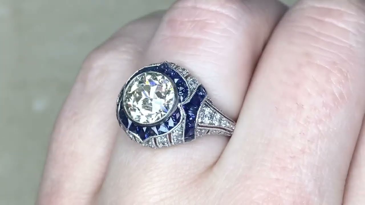 1.96ct Center Old European Cut Diamond & Sapphire Halo Engagement Ring - Vannes Ring - Hand Video