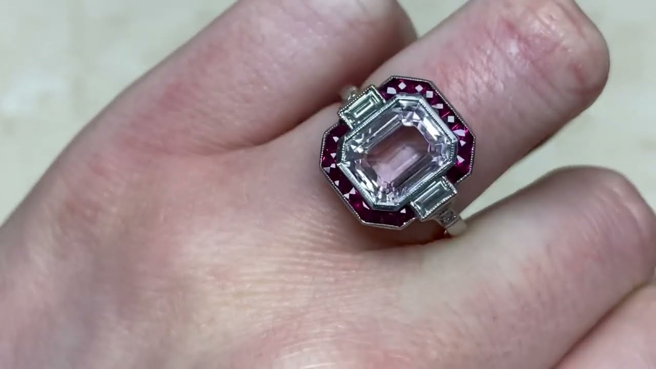 3.77ct Emerald Cut Kunzite and Ruby Halo Ring - Belfort Ring - Hand Video