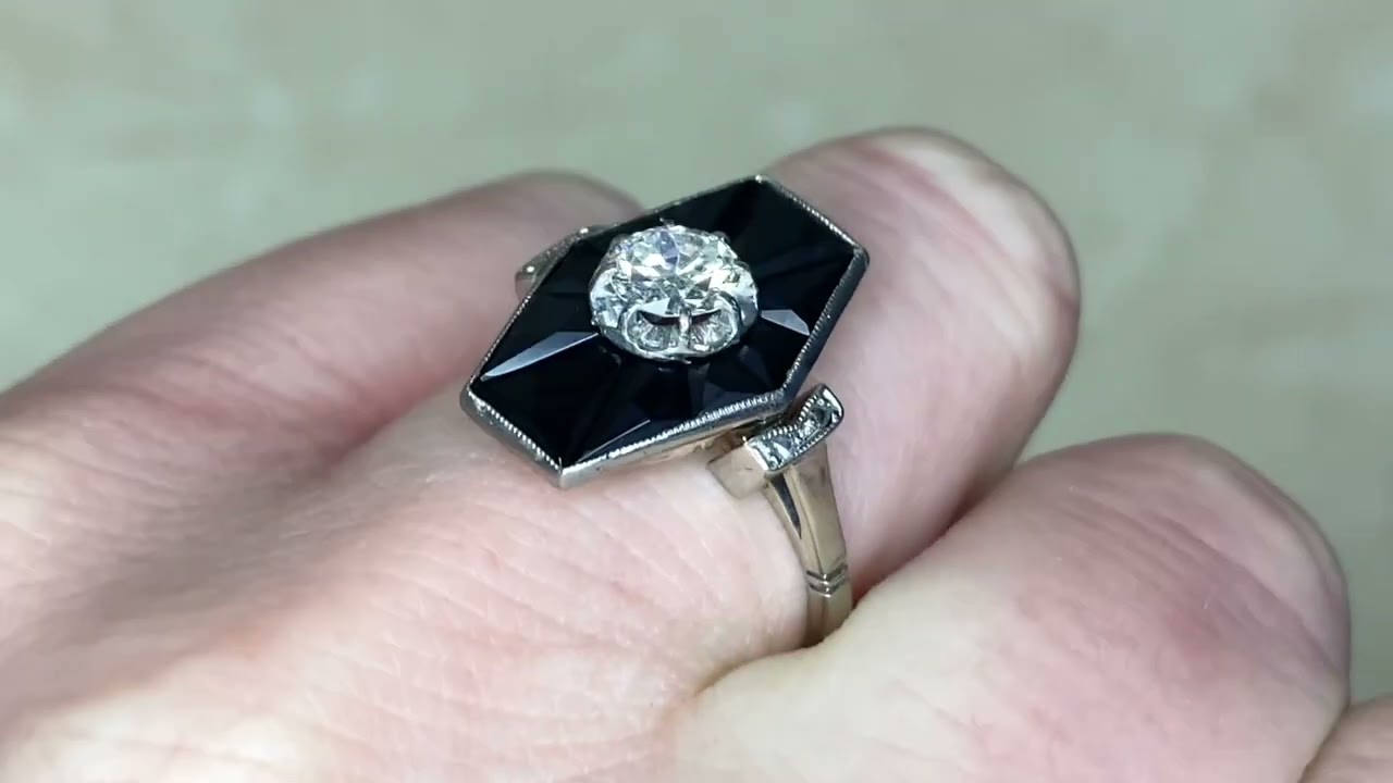 Art Deco Original Elongated Onyx & Diamond Engagement Ring - Walden Ring. Circa 1935 - Hand Video