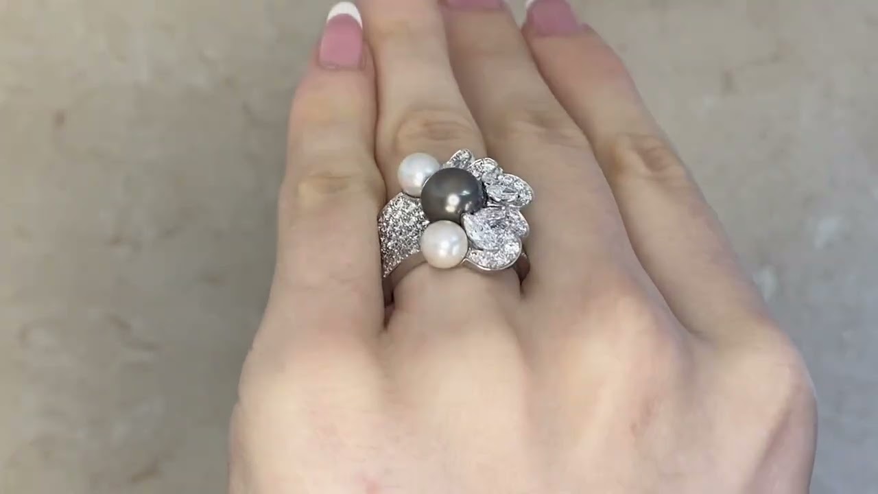 French Van Cleef & Arpels Floral Pearl and Diamond Ring