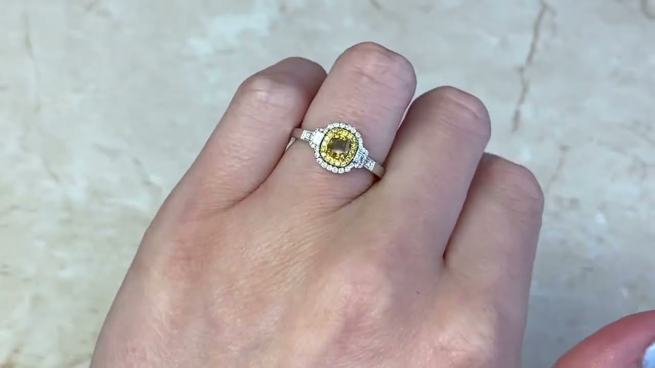 Cushion Cut Yellow - Brown Diamond & Double Halo 18k White Gold Ring - Montmartre Ring - Hand Video
