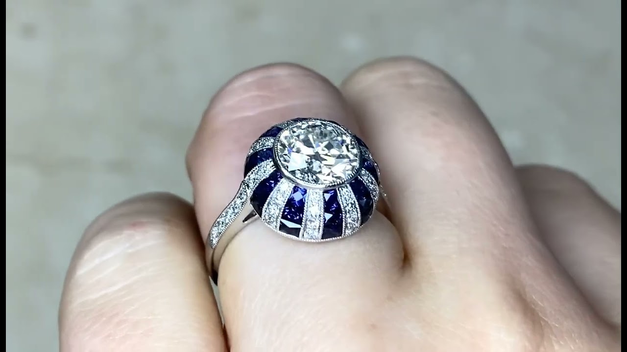 1.76ct Center Old European Cut Diamond & Sapphire Engagement Ring - Eramosa Ring - Hand Video