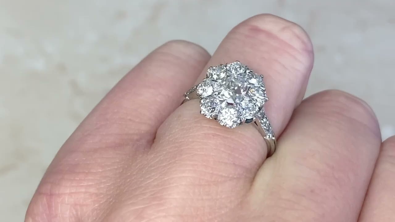 0.65ct Center Elongated Antique Cushion Cut Diamond Cluster Engagement Ring -Rhone Ring - Hand Video