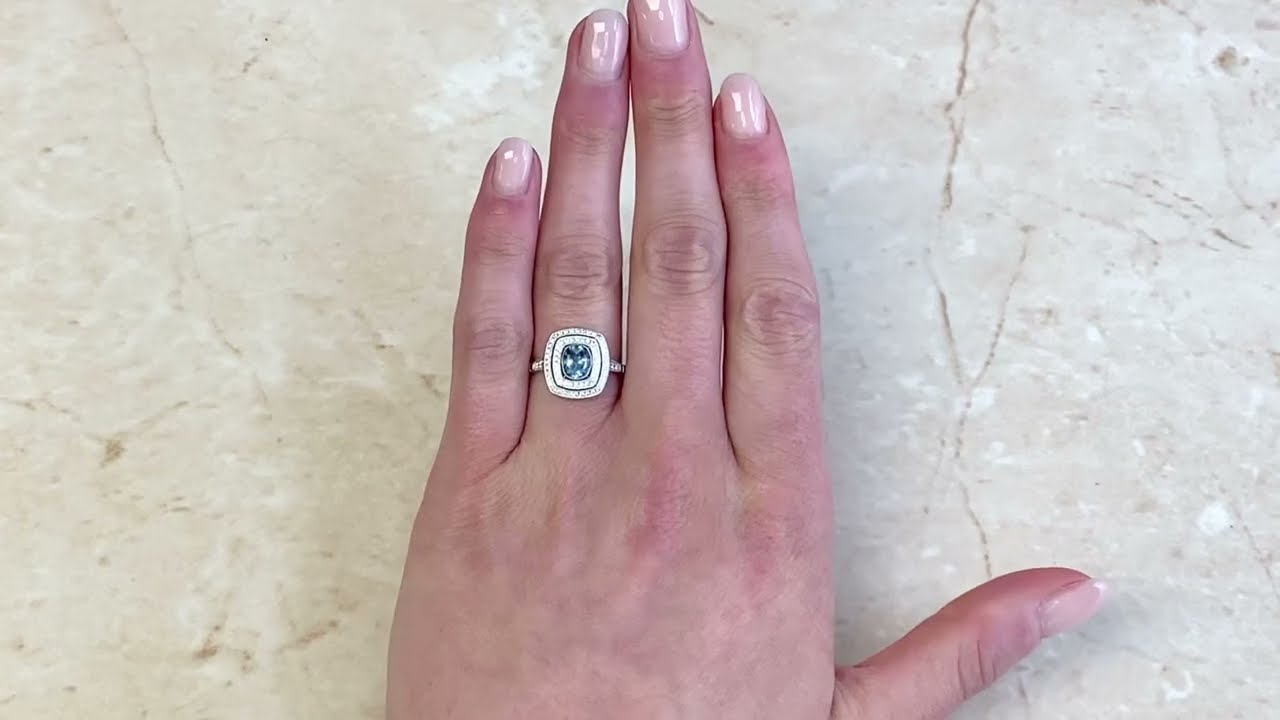 0.53ct Oval Cut Natural Aquamarine & Diamond Double Halo - Roosevelt Ring - Hand Video