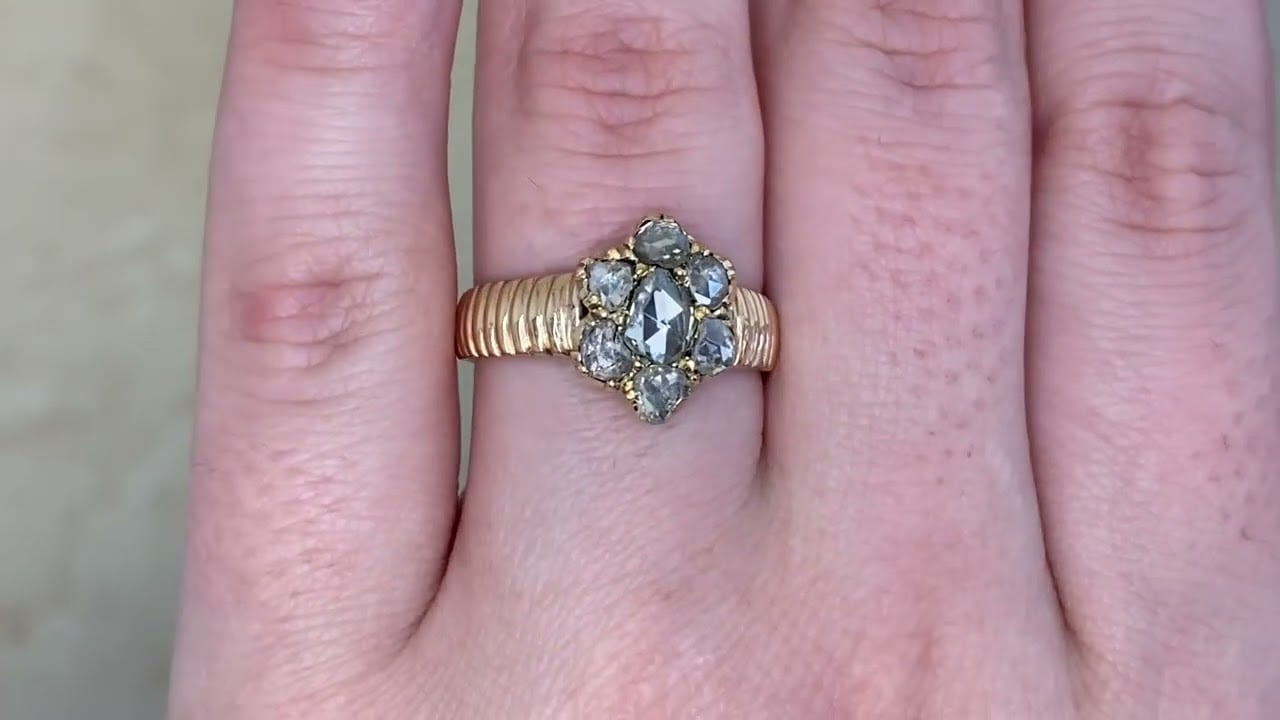 Georgian Rose Cut Diamond Cluster Gold Fayston Ring, Circa 1810 - hand video