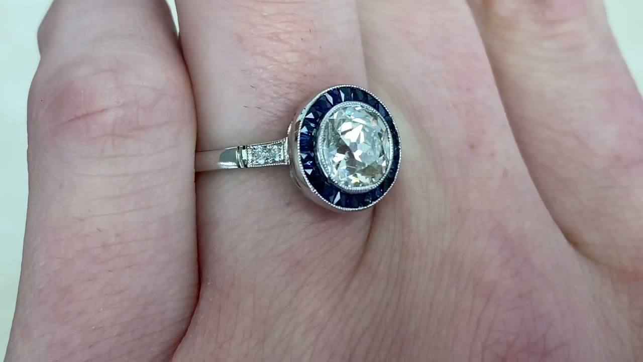 Sapphire Halo and Old European Cut Ring - Royal Blue Halo Ring - Hand Video
