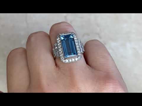 5.30ct Center Aquamarine and Diamond Halo and Baguette Cut Diamond Ring - Wilkes Ring - Hand Video
