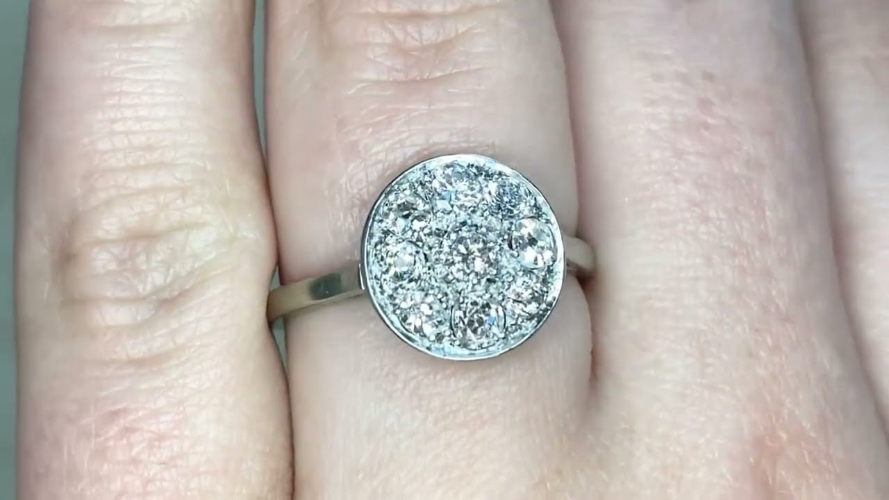 0.70ct Old Mine Cut Diamond Cluster Engagement Ring Circa 1920 - Acadian Ring - Hand Video