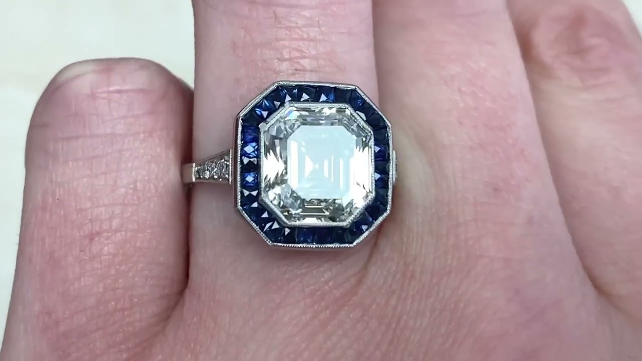 5.03ct GIA Certified Asscher Cut Diamond & Sapphire Halo Engagement Ring-Crawford Ring-Hand Video
