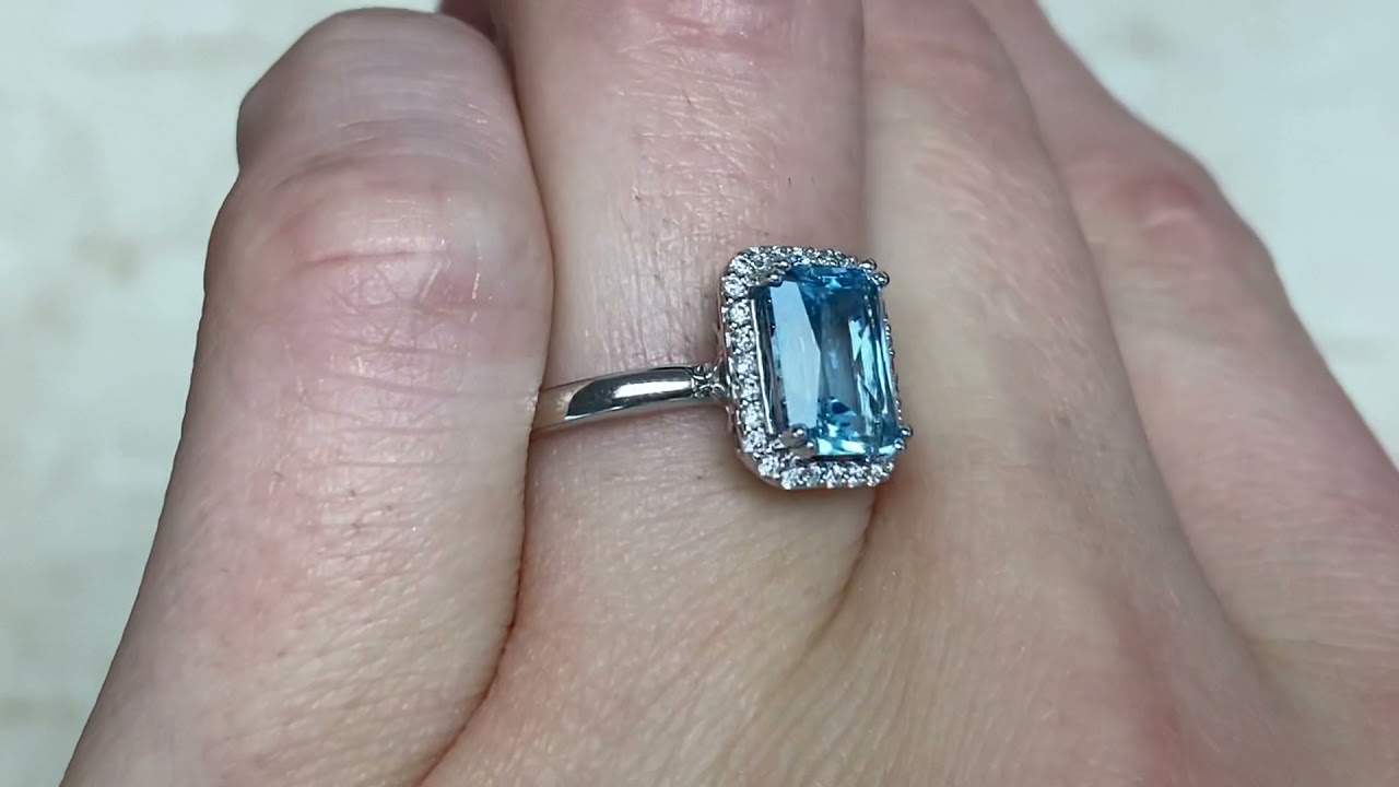 1.70ct Center Blue Topaz and Diamond Halo 18k White Gold Ring - Monroe Ring - Hand Ring