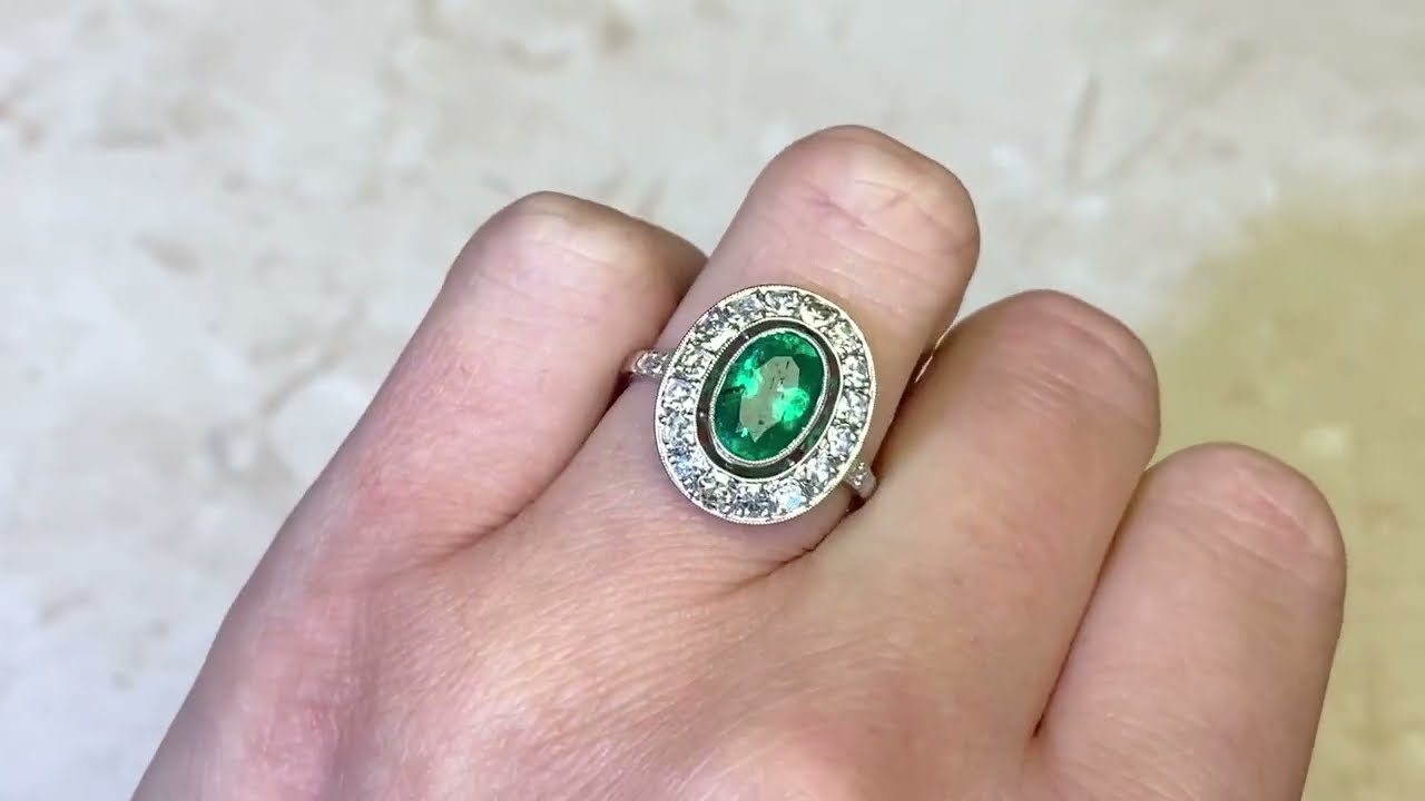 1.39ct Oval Cut Natural Emerald & Diamond Halo Platinum Gemstone Ring - Brunoy Ring - Hand Video