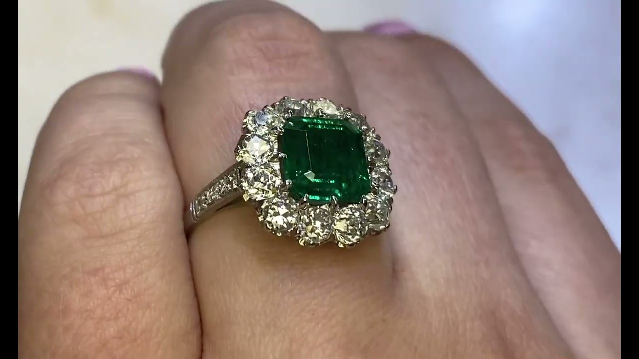 2.49ct Center Emerald Cut Emerald and Diamond Floral Halo Ring - Vernon Ring - Hand Video