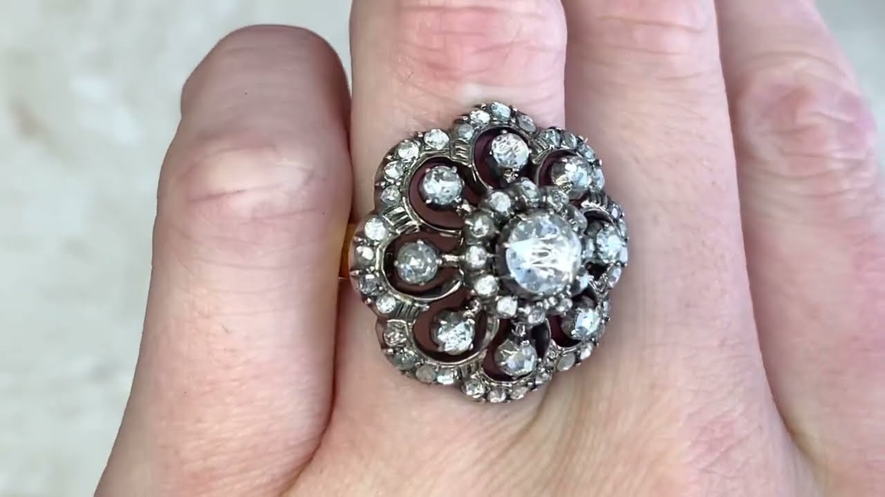 Antique Rose Cut Diamond Floral Motif Cluster Engagement Ring - Escan Ring. Circa 1890 - Hand Video