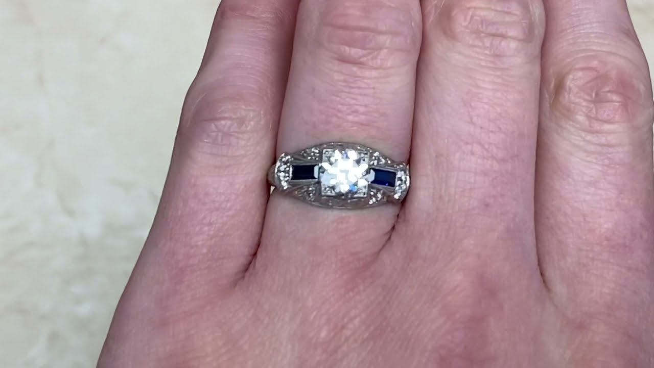 0.89ct Center Old European Cut Diamond and Sapphire Engagement Ring - Toledo Ring - Hand Video