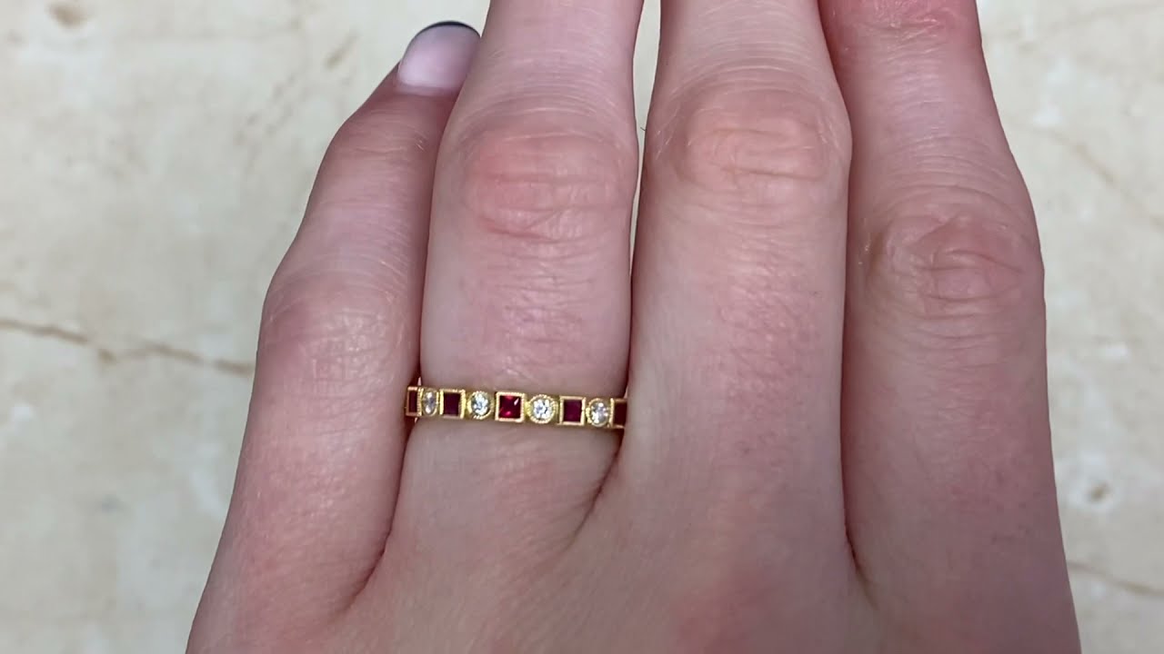 French Cut Ruby & Round Brilliant Cut Diamond 18k Yellow Gold Eternity Band -Canora Band- Hand Video