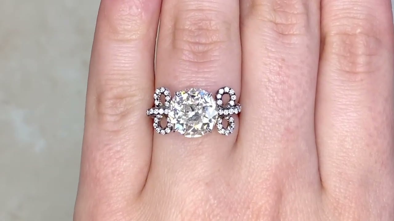 3.43 carat GIA certified Old European Cut Diamond Ring Set in Prongs - Olivette Ring - Hand Video.