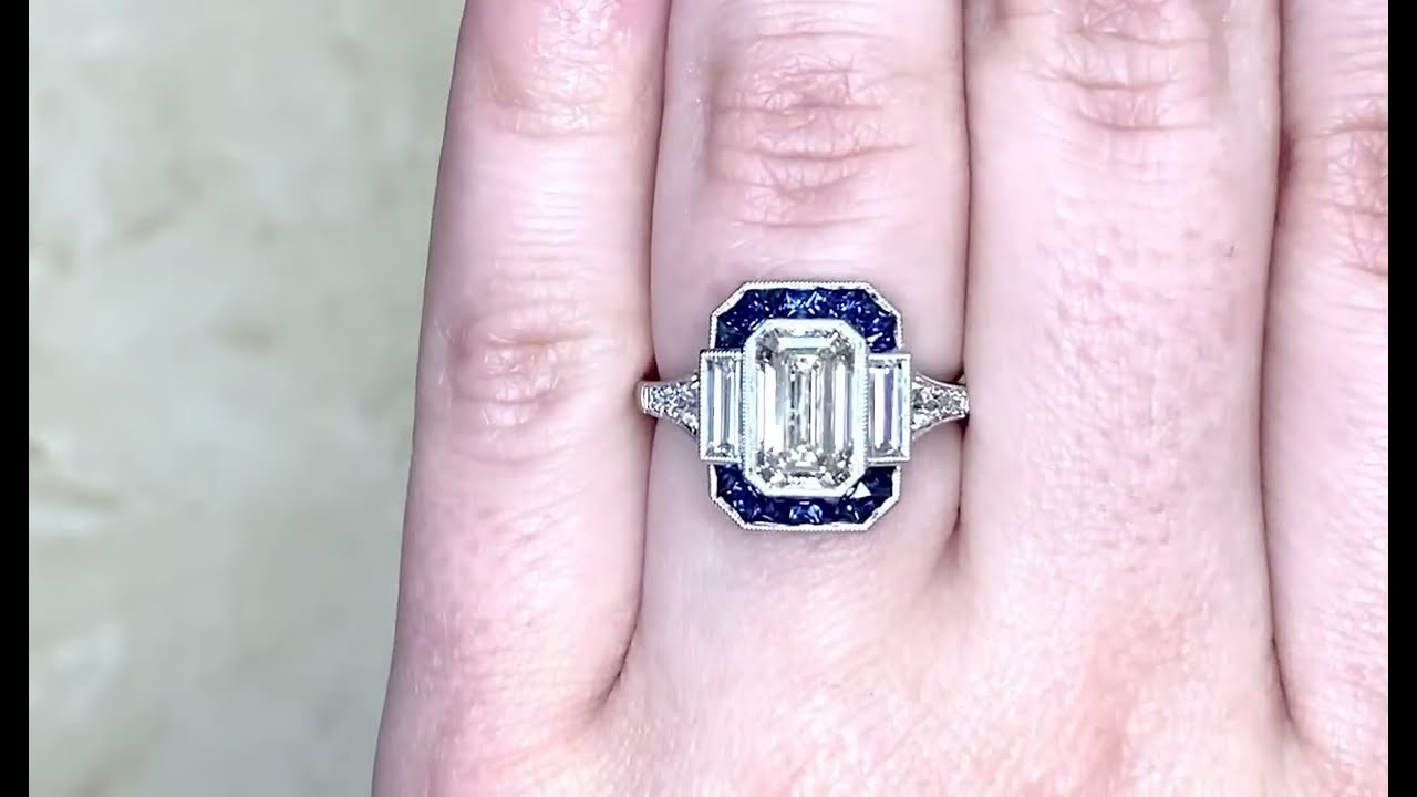 2.00ct Center Emerald Cut Diamond and Sapphire Halo Engagement Ring - Wakefield Ring - Hand Video