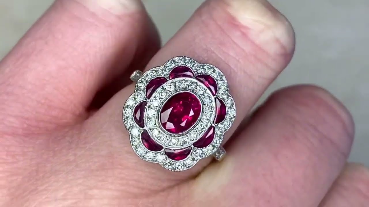 1.04ct Oval-cut Burma Ruby and Diamond Halo Floral Engagement Ring - Baltimore Ring - Hand Video