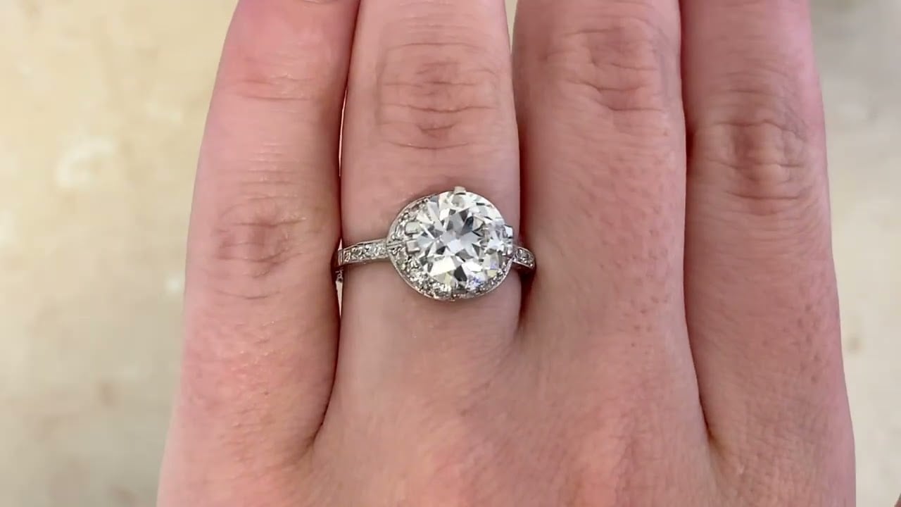 Art Deco 3.02ct GIA Old European Cut Diamond Sandstone Ring, Circa 1925 - hand video