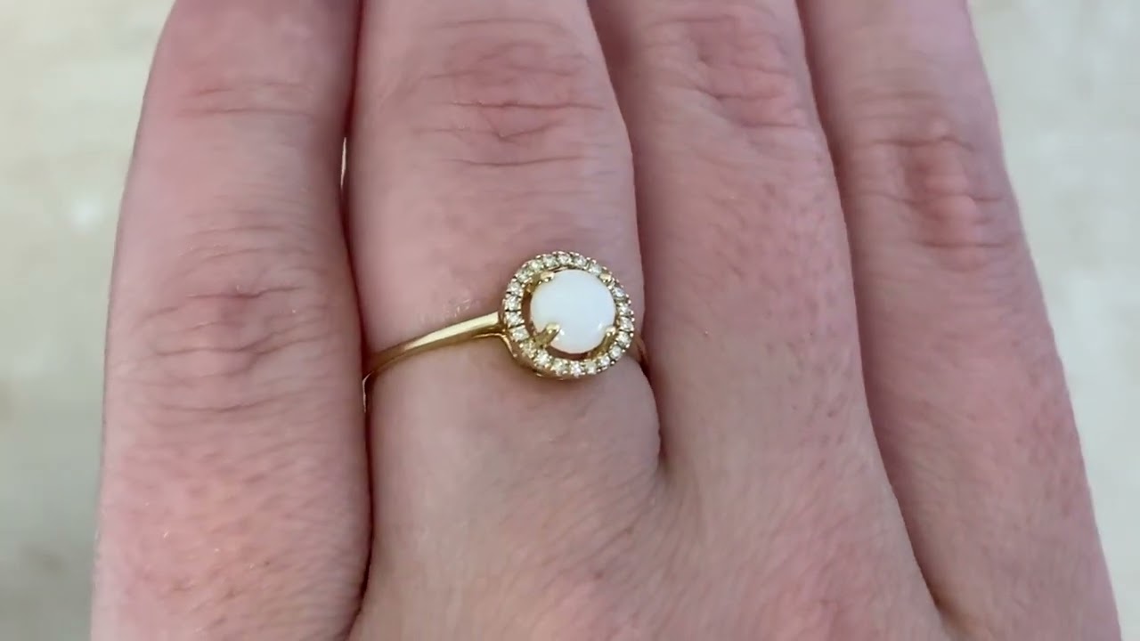 0.38ct Australian Opal with Diamond Halo and 14k Yellow Gold Aldar Ring - hand video -