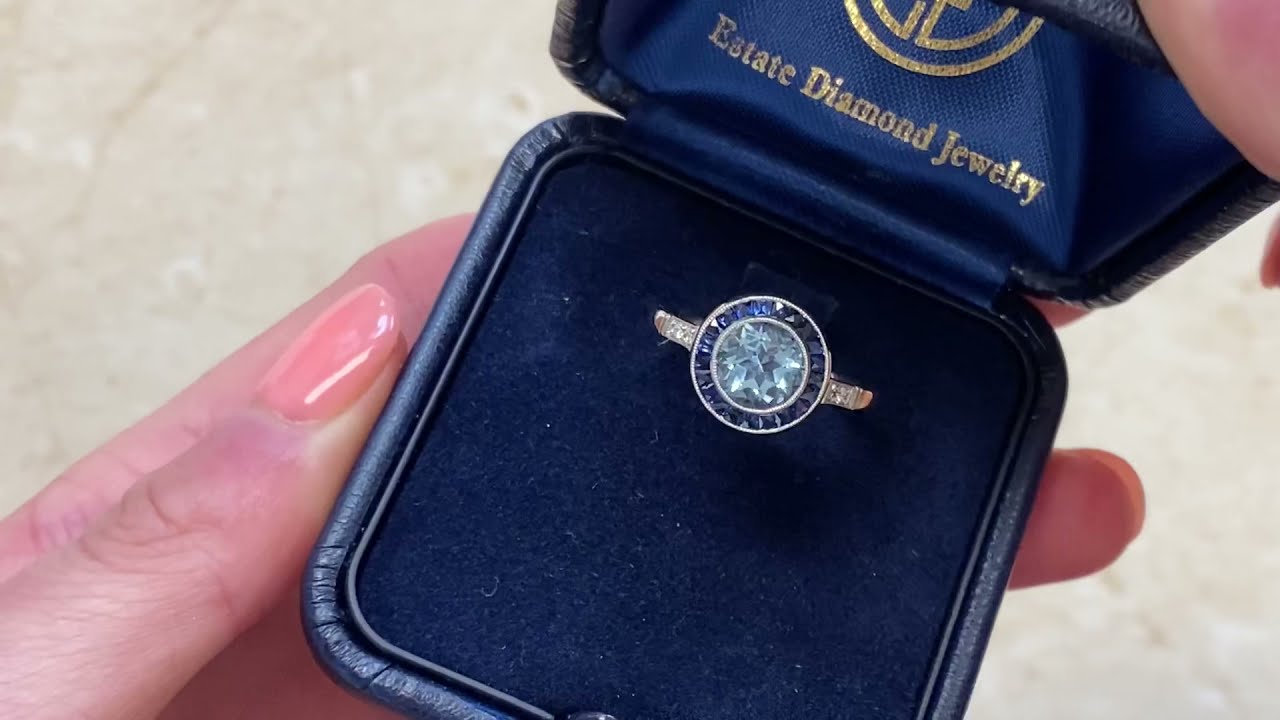 1ct center Aquamarine and Sapphire Halo Ring - Tallis Ring - Showroom Video
