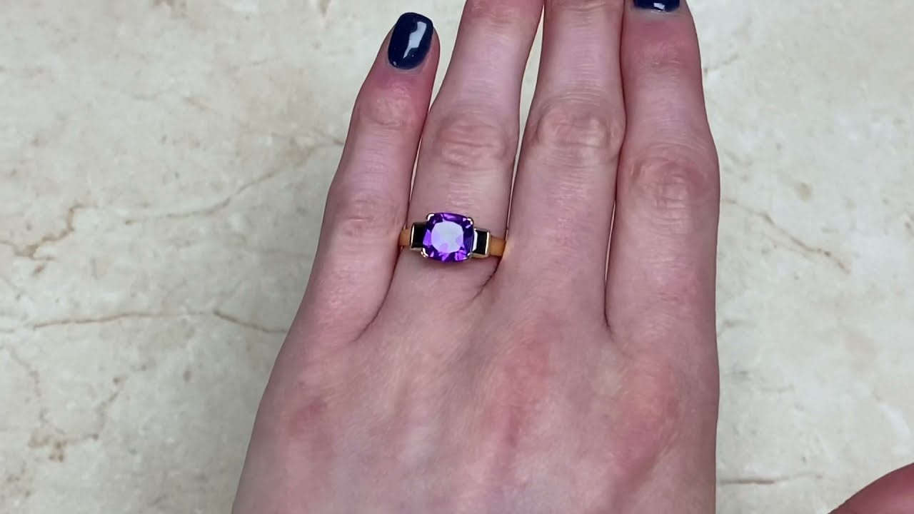 2.40ct Center Amethyst and Baguette Cut Sapphire 18k Yellow Gold Ring - Montana Ring - Hand Video