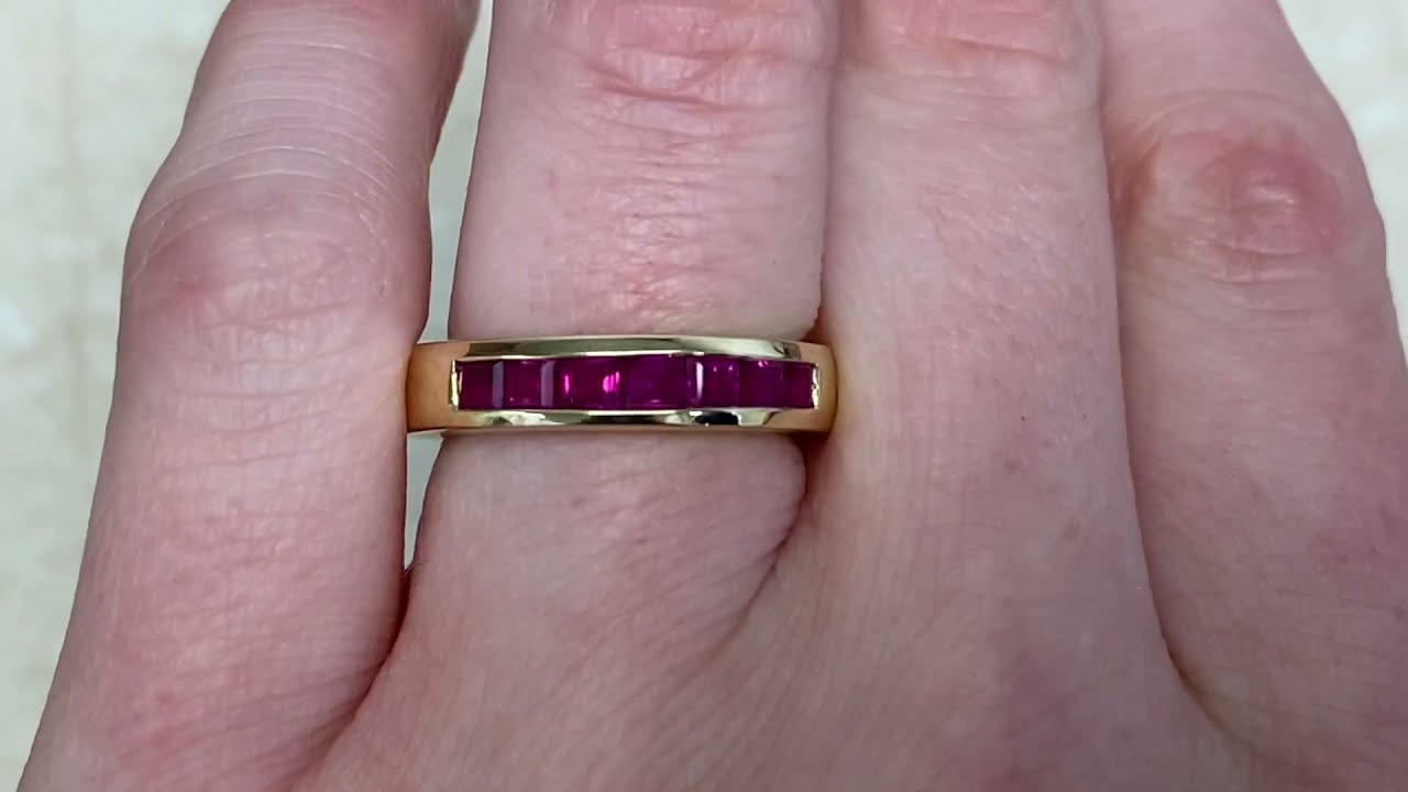 4.25mm 1.19ct Ruby and 14k Yellow Gold Half Eternity Band - Rutherford Band - Hand Video