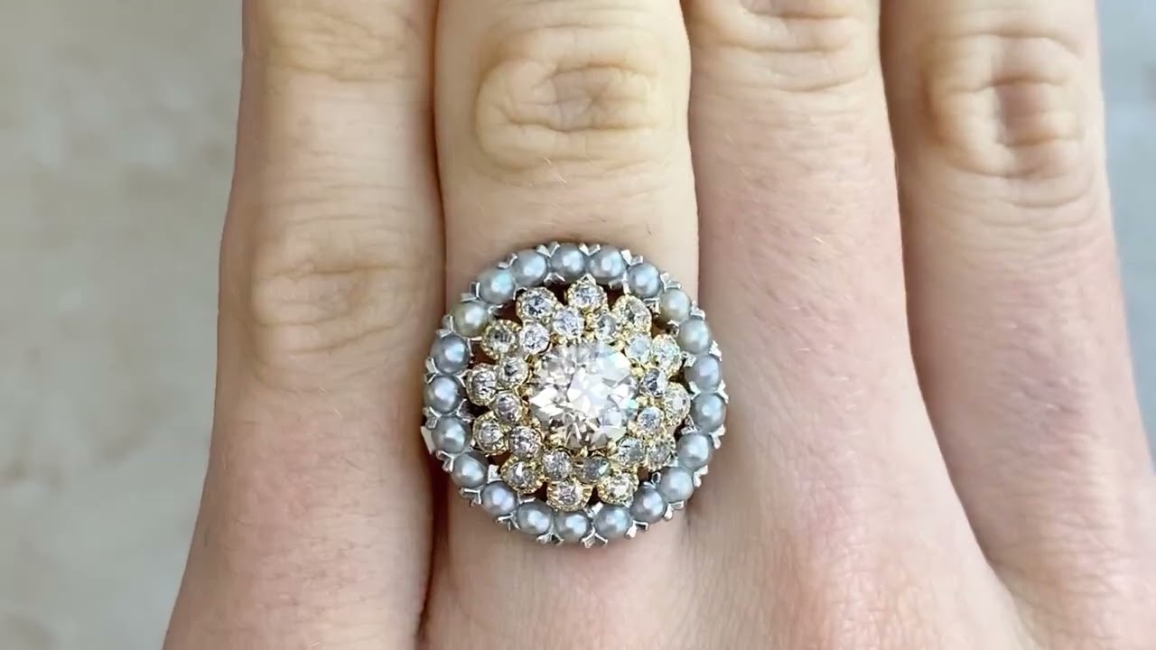 Edwardian GIA 1.25ct Champagne Diamond and Pearl Scofield Ring, Circa 1900